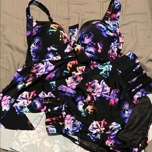 Torrid Wireless babydoll tie-front tankini with matching bottoms